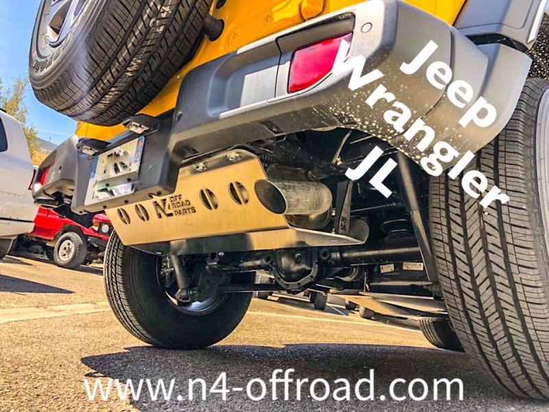 Unterfahrschutz Schalldämpfer hinten aus Aluminium 6mm für Jeep Wrangler JL V6 und 2.0L Benzin — N4-Offroad
