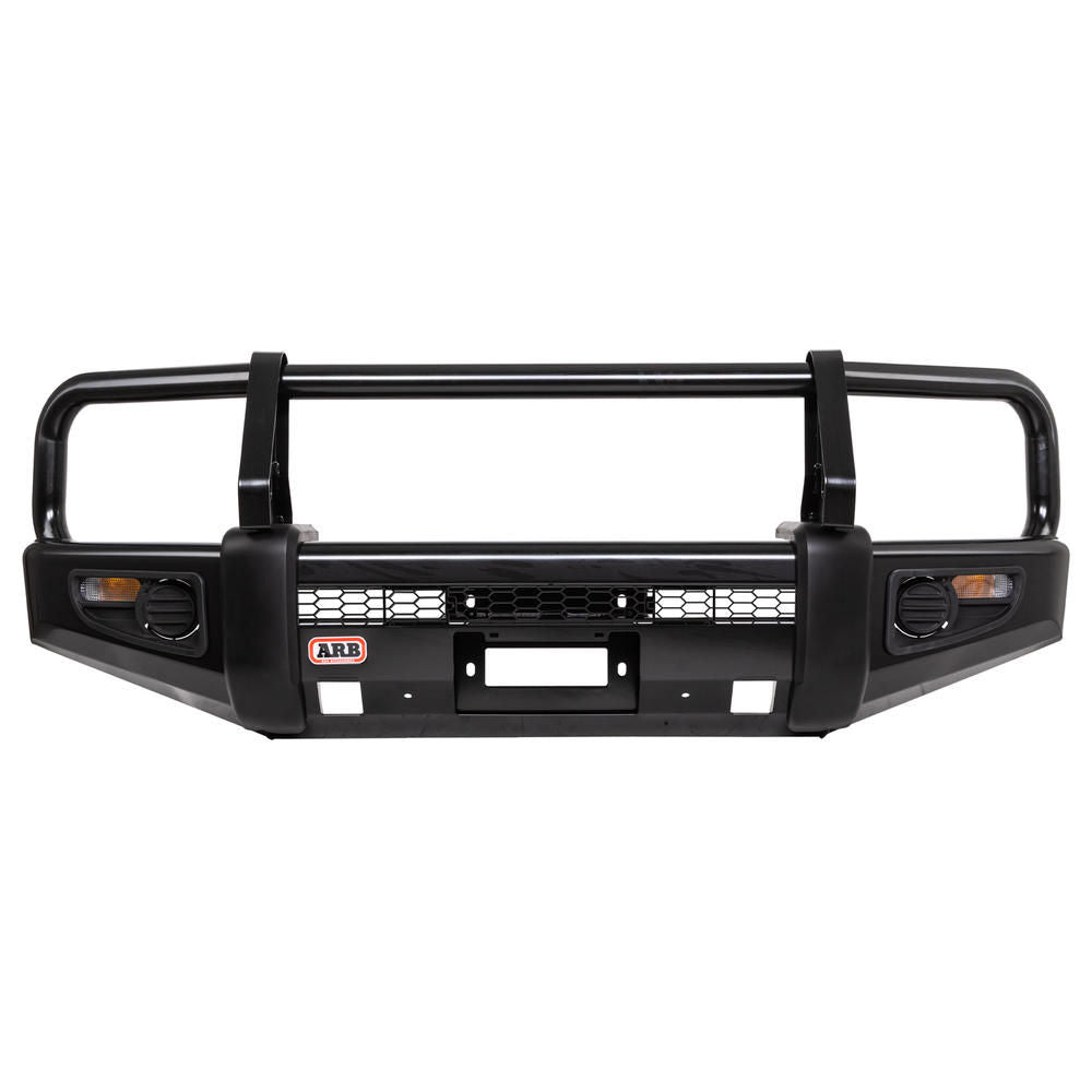 ARB Deluxe Winden-Stoßstange Stahl schwarz – Toyota Land Cruiser 200 Sahara mit Scheinwerferwaschanlage, Frontansicht